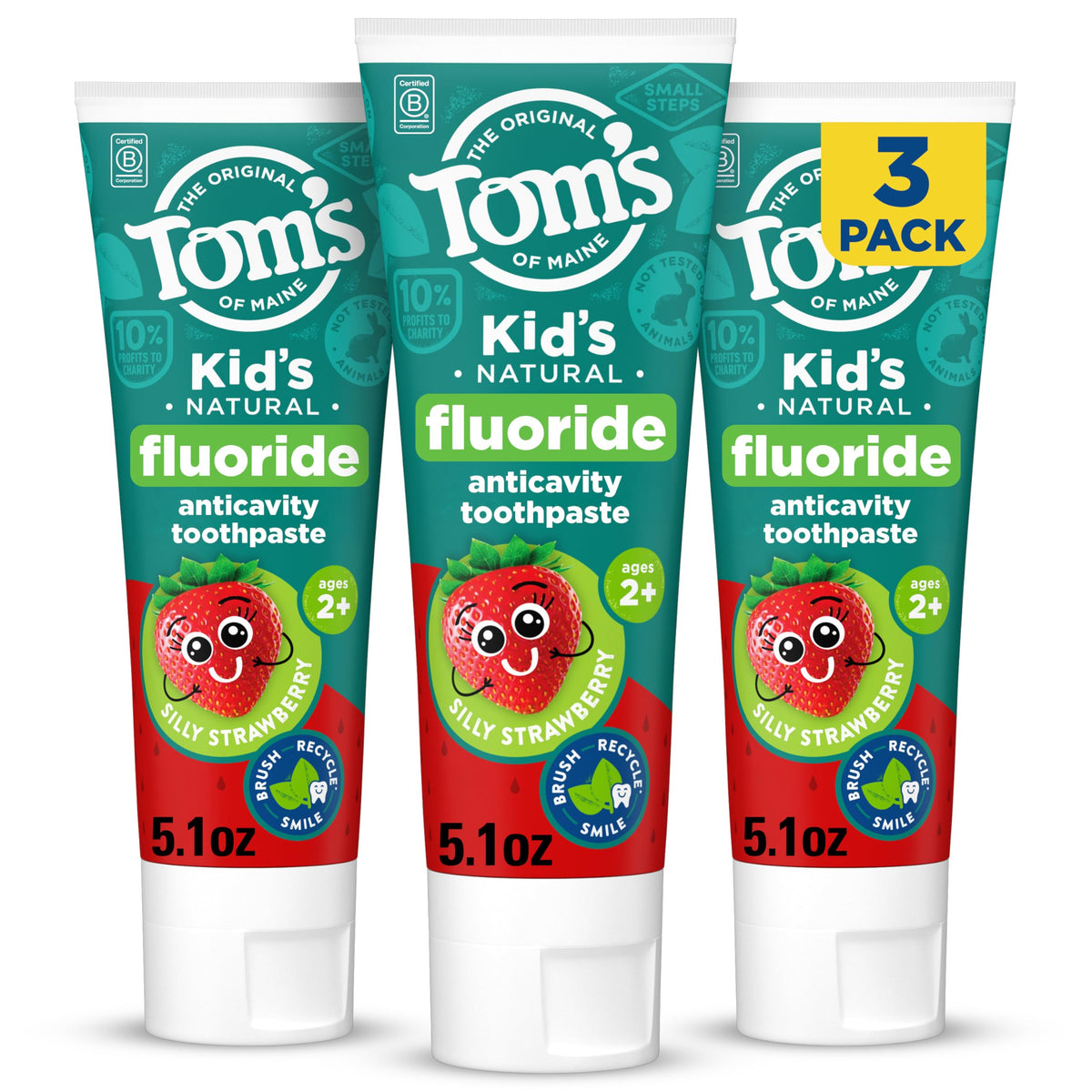 Tom's of Maine Natural Kids Fluoride Toothpaste, Strawberry, 3 Pack, 5.1 oz