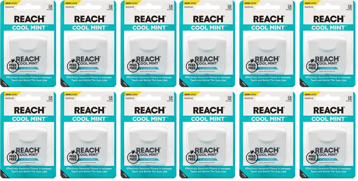 REACH Cool Mint Dental Floss, Fresh Mint, Plaque Remover for Teeth, Shred Resistant, Waxed, Easy on Gums & Teeth, Fresh Breath, Oral Care, PFAS Free, for Adults & Kids, 6 Pack, 55 yd