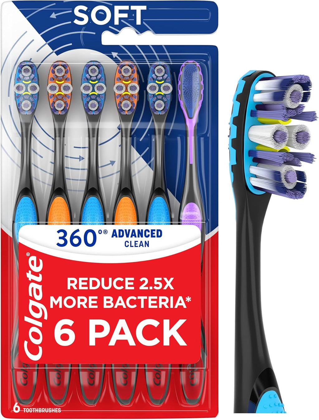 Colgate 360 Advanced Clean Floss Tip Soft Toothbrushes, 6 Pack