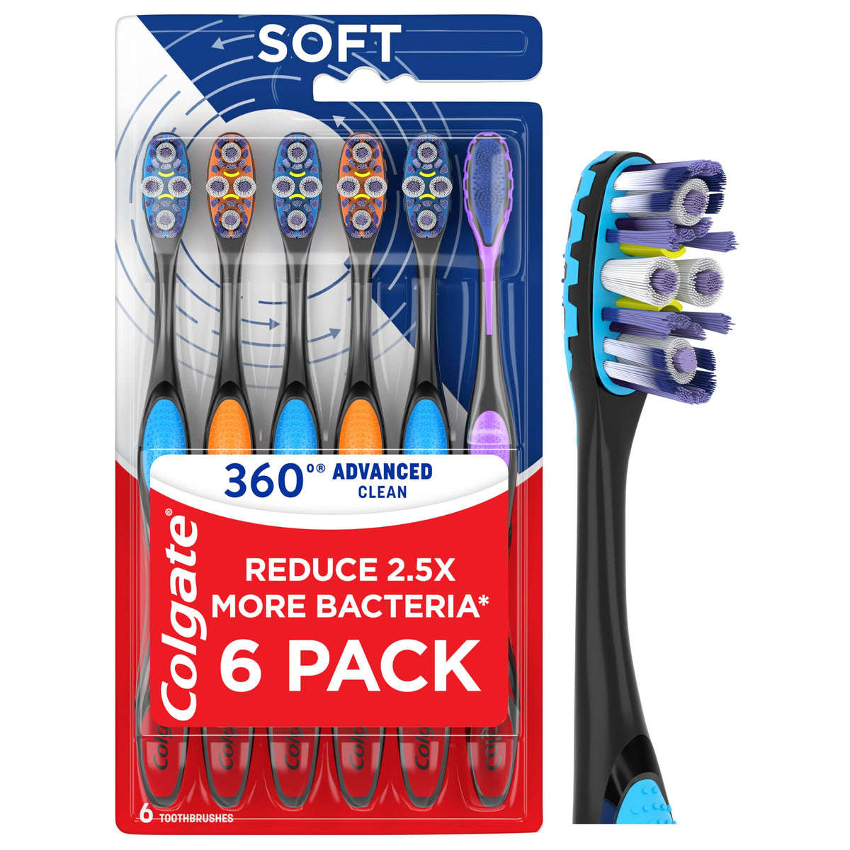 Colgate 360 Advanced Clean Floss Tip Soft Toothbrushes, 6 Pack