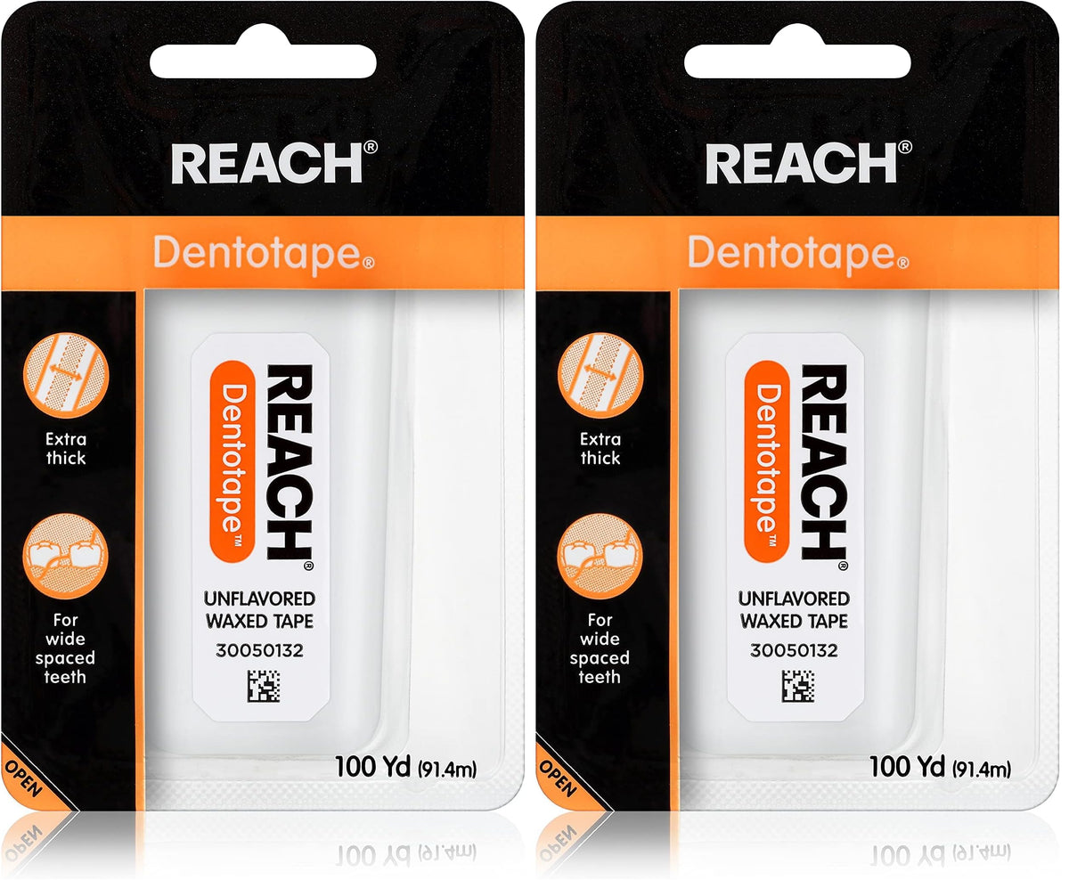 REACH Dentotape Waxed Dental Floss Tape, Unflavored, Extra Wide Floss, Shred & Frey Resistant, Plaque Remover for Teeth, Easy on Gums & Teeth, Oral Care, PFAS Free, for Adults & Kids, 1 Pack, 100 yd