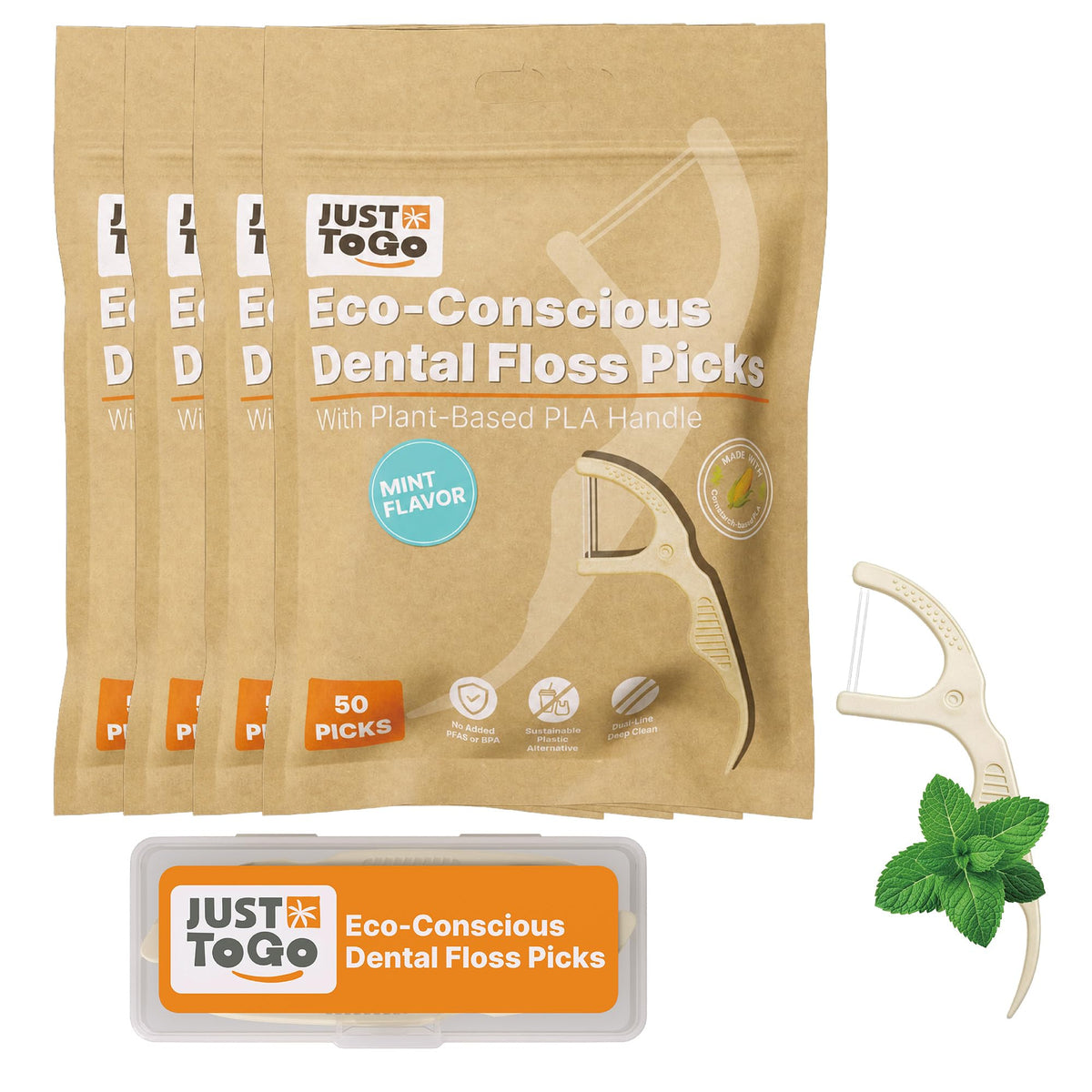 Dental Floss Picks, Dual-Line PLA Handle, Plant-Based, 200 Count