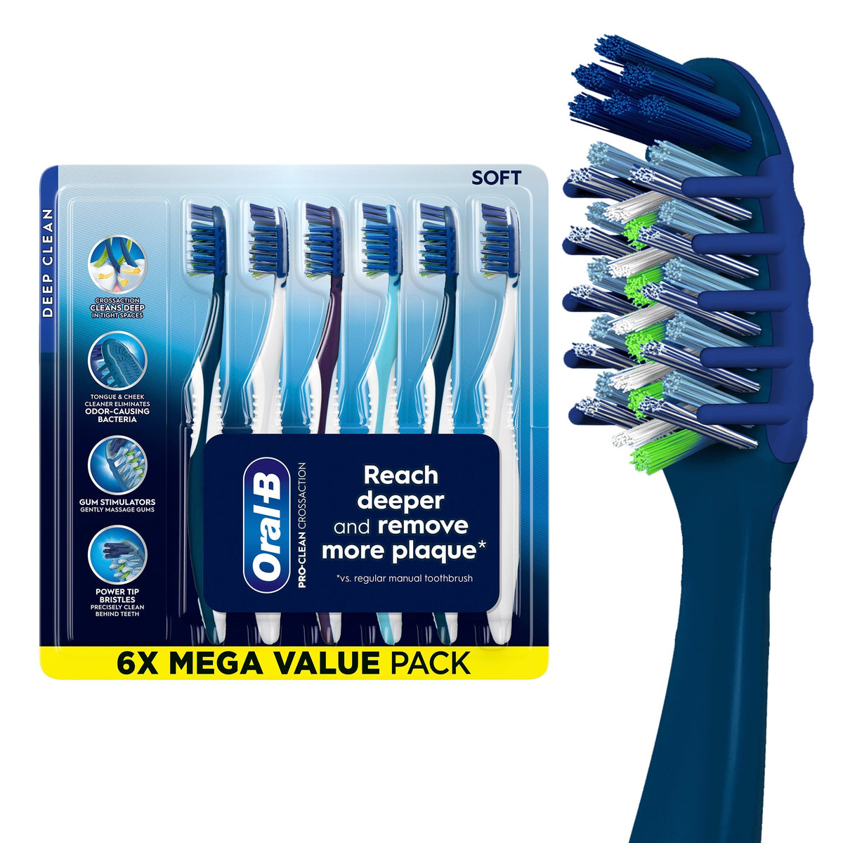 Oral-B Pro Clean Cross Action Toothbrushes, Deep Plaque Removal, 6 Count
