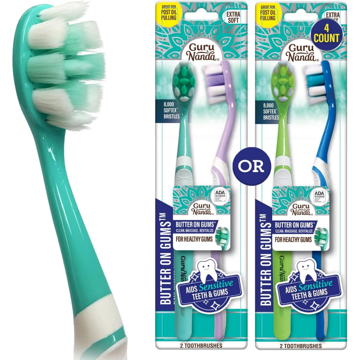 GuruNanda Butter On Gums Toothbrush, ADA Accepted Manual Toothbrushes with 8000+ Ultra Soft Softex Bristles for Sensitive & Receding Gums, Perfect for Whiter Teeth, Assorted Colors, 6 Ct