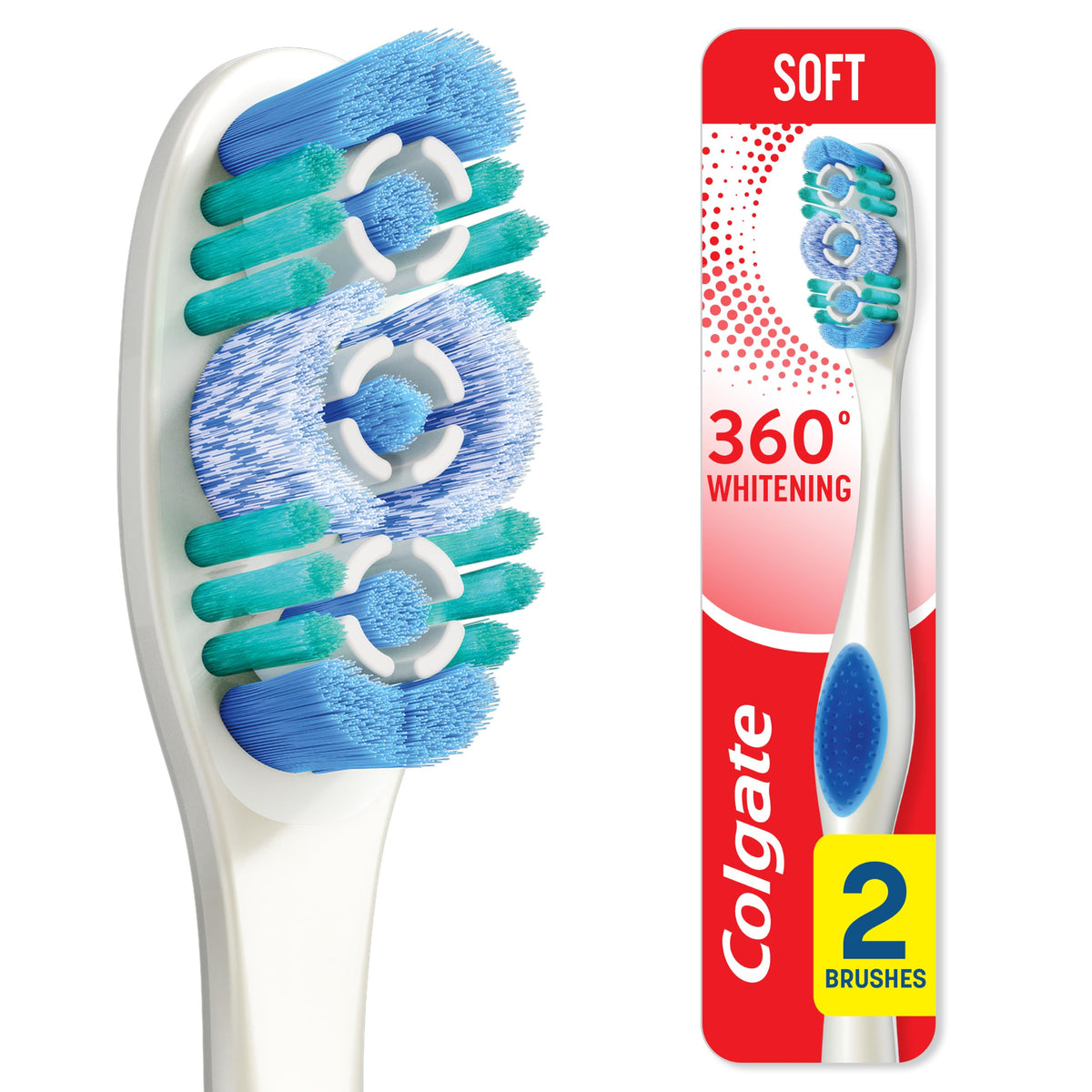 Colgate 360 Whitening Toothbrush with Soft Bristles, 1 Pack, Adult Manual Toothbrush with Whitening Polishing Cups, Easy to Open, Recyclable Packaging