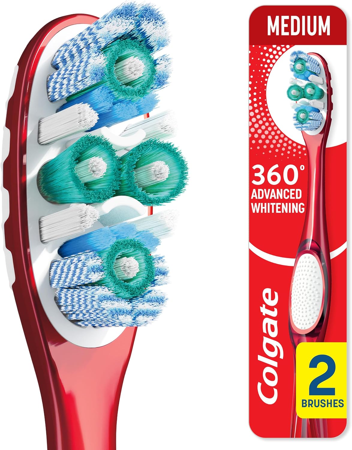 Colgate 360 Optic White Advanced Adult Whitening Toothbrush, Medium, 2 Pack