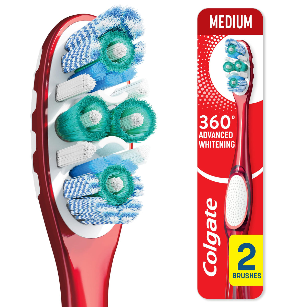 Colgate 360 Optic White Advanced Adult Whitening Toothbrush, Medium, 2 Pack