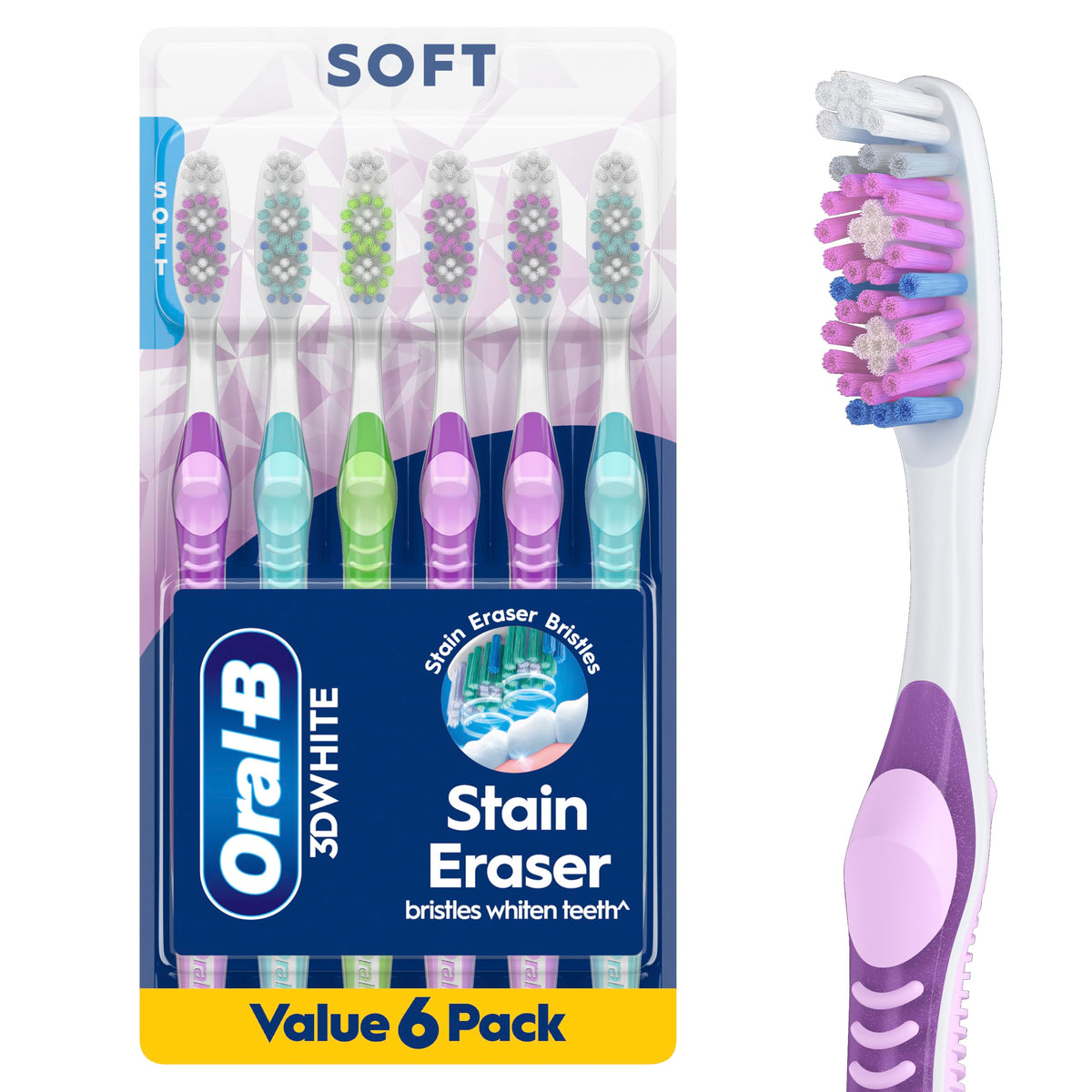 Oral-B 3D White Manual Toothbrush, 4-Pack, Stain Eraser, Soft Bristle Brushes, Adult Teeth Whitening, Daily Plaque Removal, Built-in Tongue Scraper Cheek Cleaner, Travel Size Toiletries
