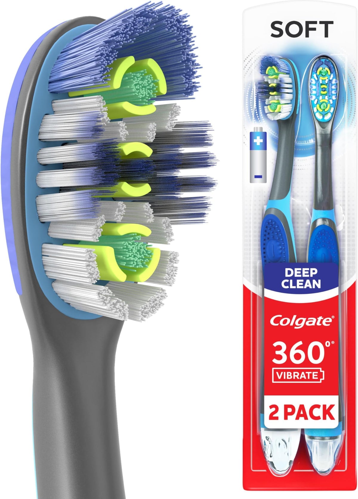 Colgate 360 Vibrate Charcoal Battery Powered Electric Toothbrush, Soft, 2Pk