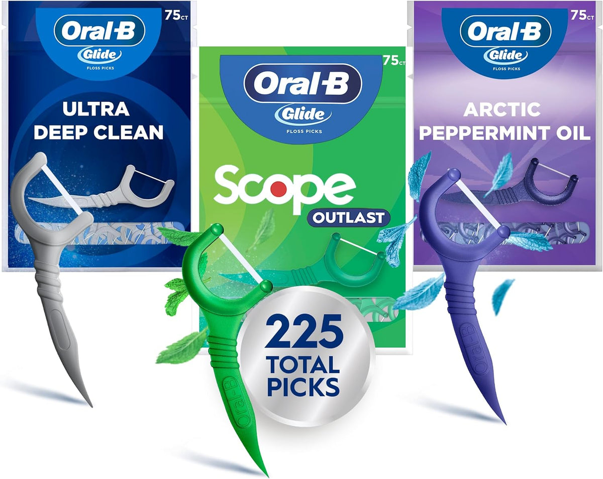 Oral-B Glide Dental Floss Picks Variety Pack with Scope Outlast, Arctic Peppermint Oil, & Ultra Deep Clean, Value Pack 225ct (75 Count per Pack, Pack of 3)
