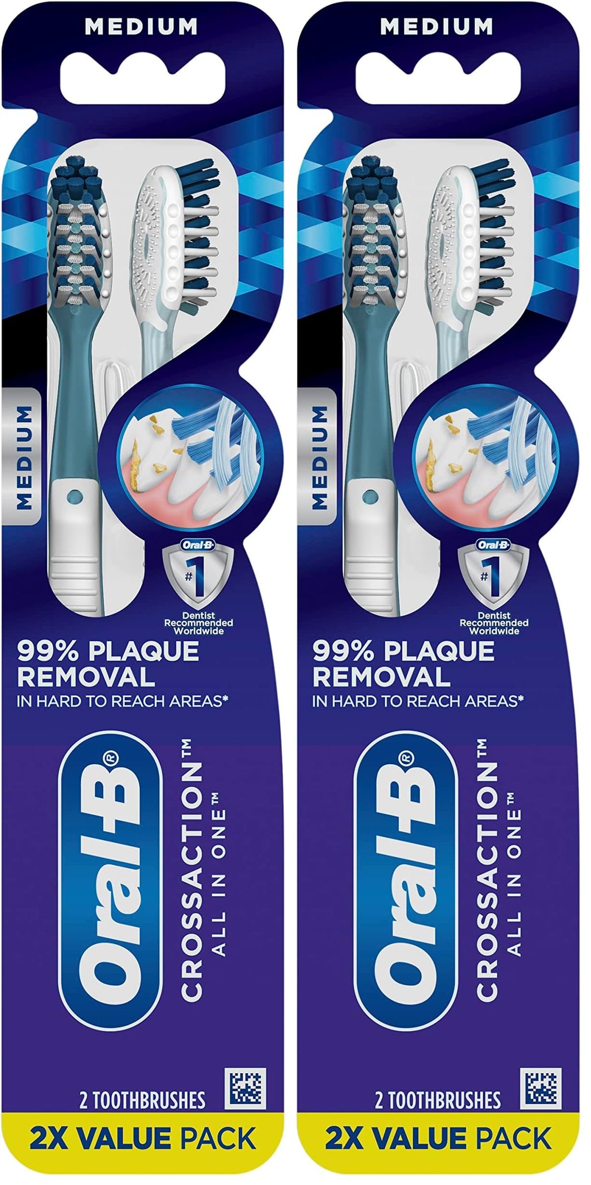 Oral-B Pro Health CrossAction Plaque Removal toothbrushes, 2 Count Toothbrush Medium, Deep Reach in Tight Spaces, Tongue Scraper Tooth Brush, Plaque Fighter, Gentle on Teeth, Gum stimulators
