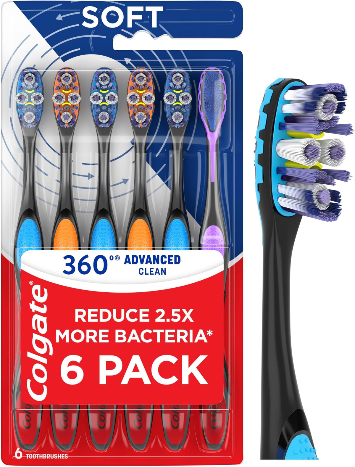 Colgate 360 Advanced Clean Floss Tip Soft Toothbrushes, 6 Pack
