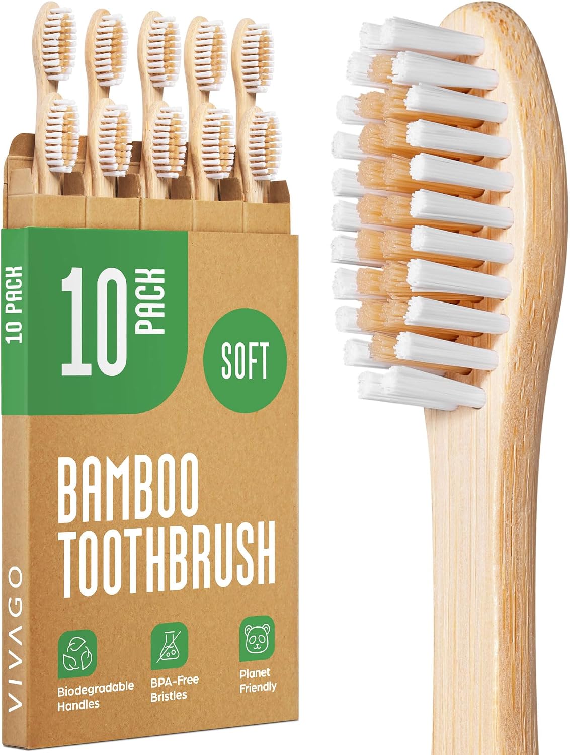 VIVAGO Bamboo Toothbrushes 10 Pack - Soft Bristles Toothbrushes for Adults
