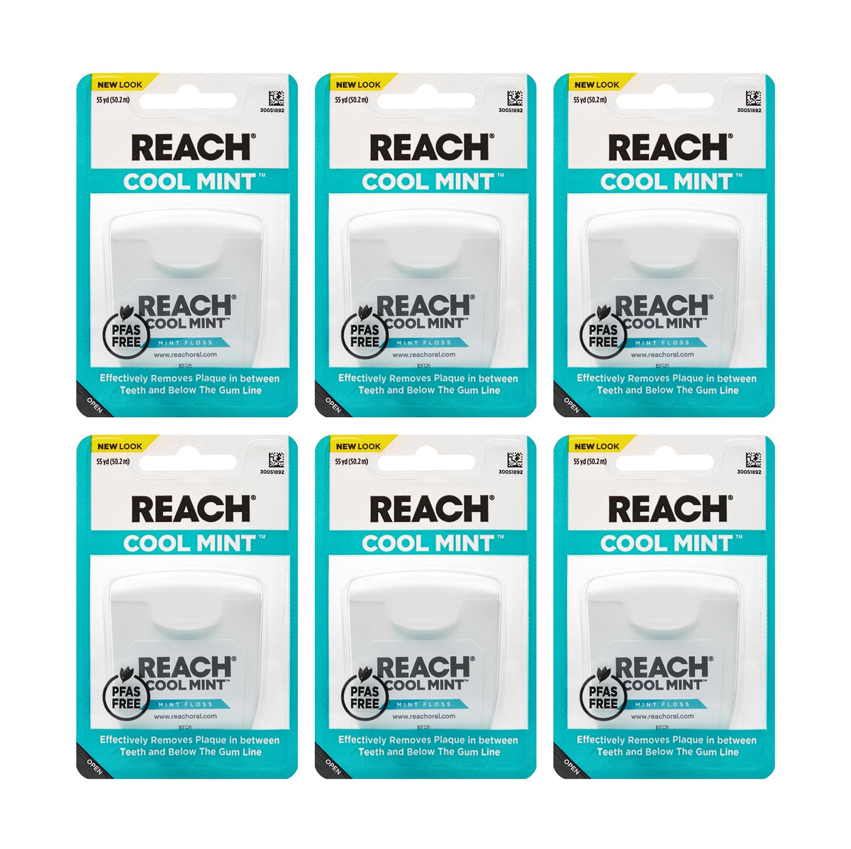 REACH Cool Mint Dental Floss, Fresh Mint, Plaque Remover for Teeth, Shred Resistant, Waxed, Easy on Gums & Teeth, Fresh Breath, Oral Care, PFAS Free, for Adults & Kids, 6 Pack, 55 yd