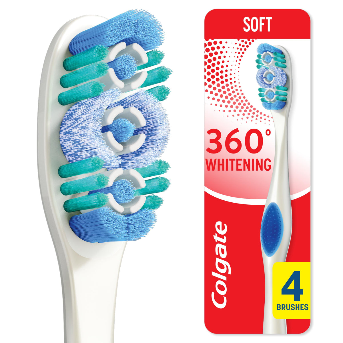 Colgate 360 Adult Whitening Toothbrushes, Soft, 4 Pack