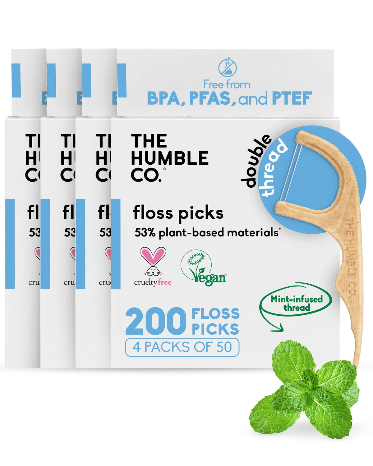 The Humble Co. Dental Floss Picks, Double Thread, Charcoal (200 Count)
