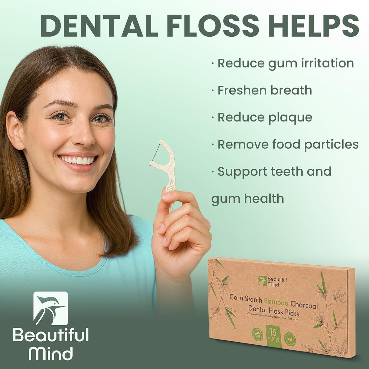 Natural Dental Floss Picks 75 Pack – Organic Biodegradable Floss Sticks with Strong Bamboo Charcoal Thread & Vegan Cornstarch Handle – No Plastics, No Artificial Flavours - Kraft Paper Box