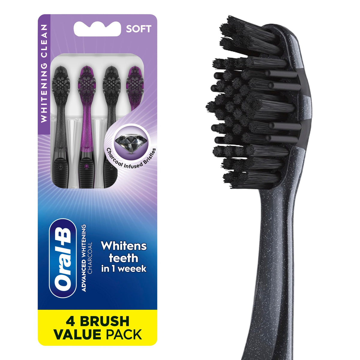 Oral-B 3D White Charcoal Toothbrush, 2 Count Soft Manual tootbrush Pack, Whitens Teeth, removes Plaque and Stains, Tongue Scraper Tooth Brush