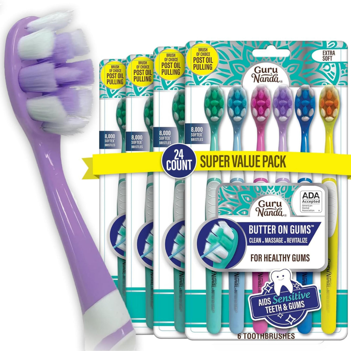 GuruNanda Butter On Gums Toothbrush, ADA Accepted Manual Toothbrushes with 8000+ Ultra Soft Softex Bristles for Sensitive & Receding Gums, Perfect for Whiter Teeth, Assorted Colors, 6 Ct