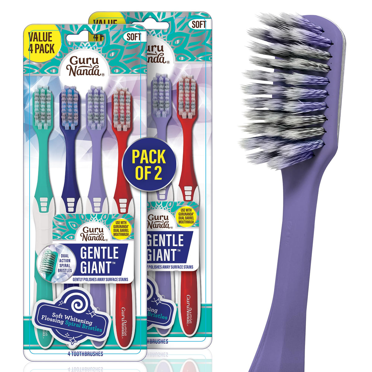 GuruNanda Gentle Giant Toothbrush with Dual Action Flossing Spiral Bristles, Non-Slip Ergo Dexa Grip, Helps in Teeth Whitening, BPA Free Manual Toothbrushes, Assorted Colors, 4 Count
