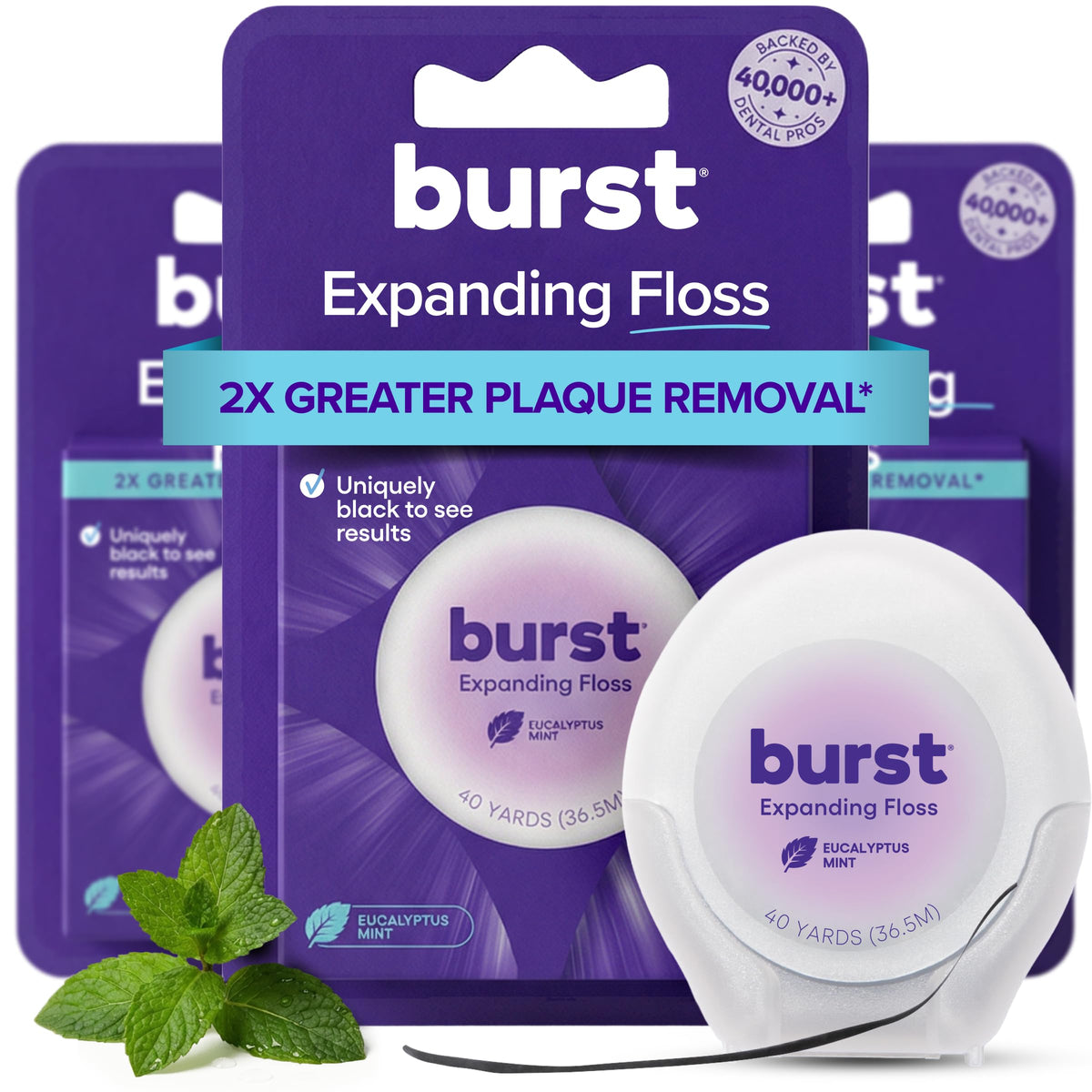 BURST Expanding Dental Floss (Mint Eucalyptus/40 Yards) | Stain Absorbing
