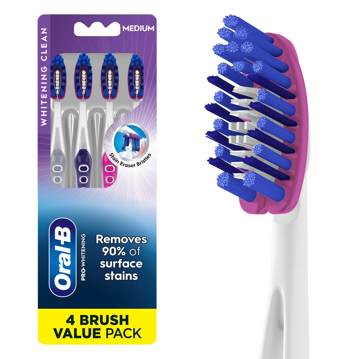 Oral-B 3D White Deep Stain Remover toothbrushes, 2 count toothbrush MEDIUM, Removes 90% of surface stains, whitens teeth, deep reach, removes plaque and stains tooth brush
