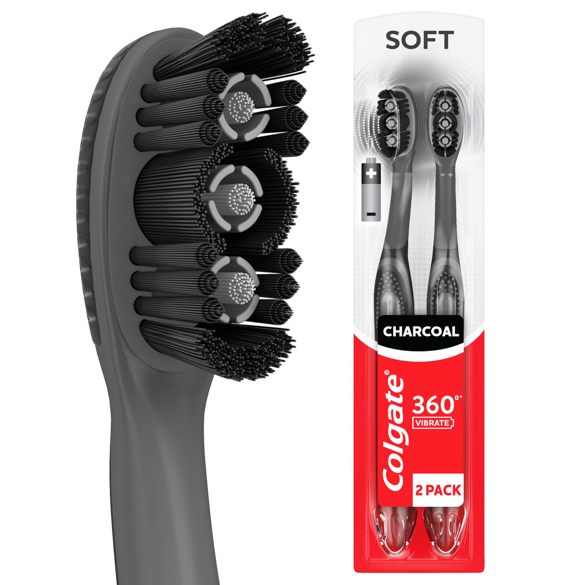 Colgate 360 Vibrate Charcoal Battery Powered Electric Toothbrush, Soft, 2Pk