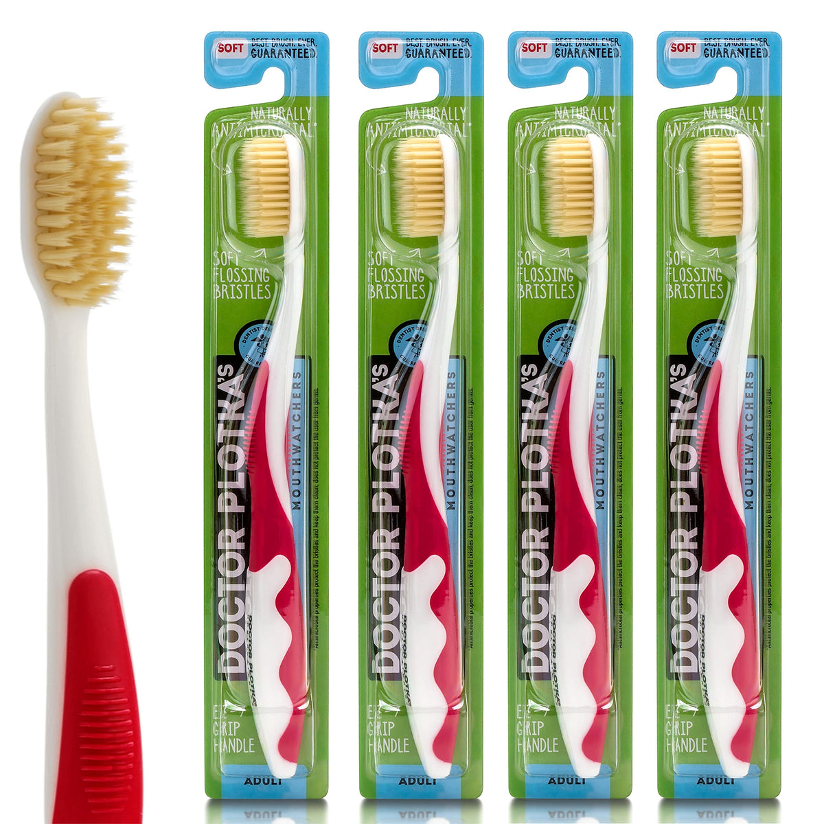 MOUTHWATCHERS Dr Plotkas Soft Bristle Flossing Toothbrush Manual Soft Toothbrush for Adults, Ultra Clean, Good for Sensitive Teeth and Gums, Variety 4 Pack, Colors May Vary