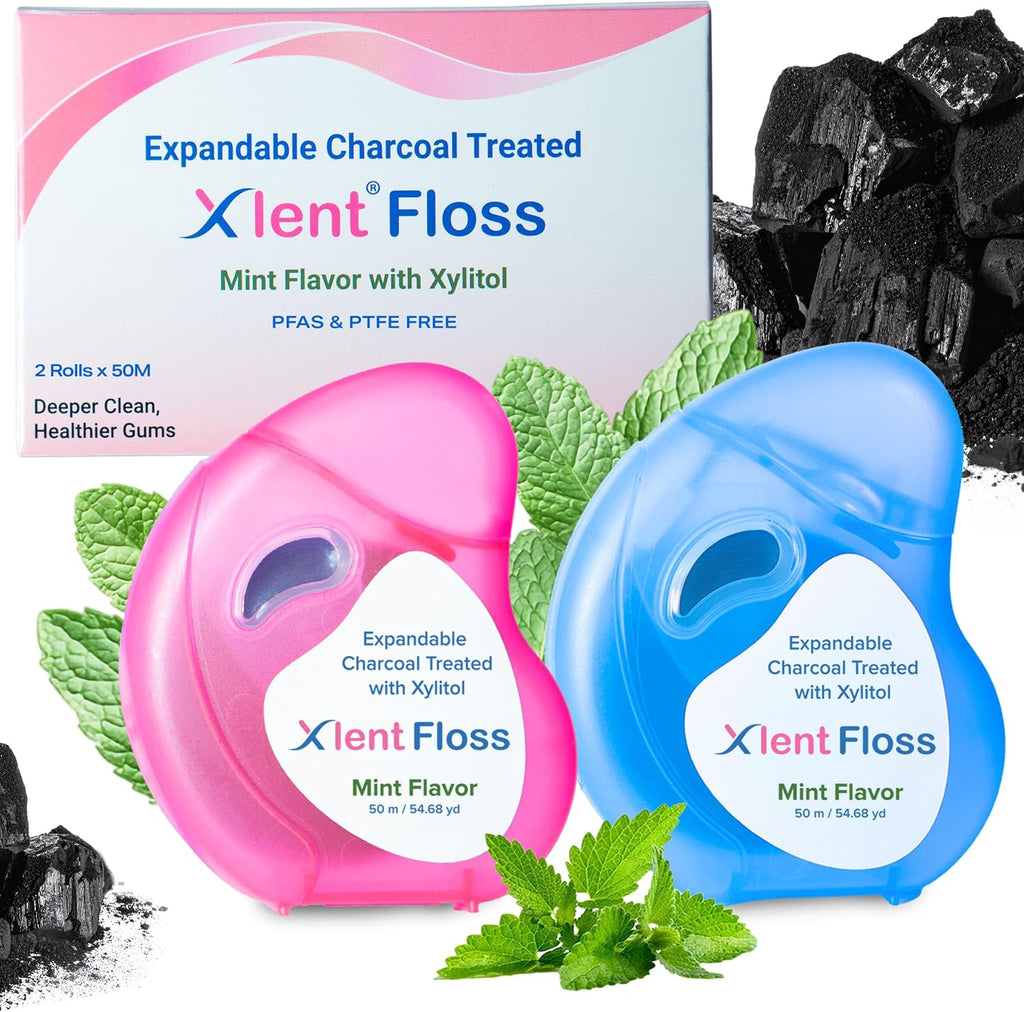 XLENT Expandable Charcoal Dental Floss, Refillable, Mint, 50m, 2-Pack