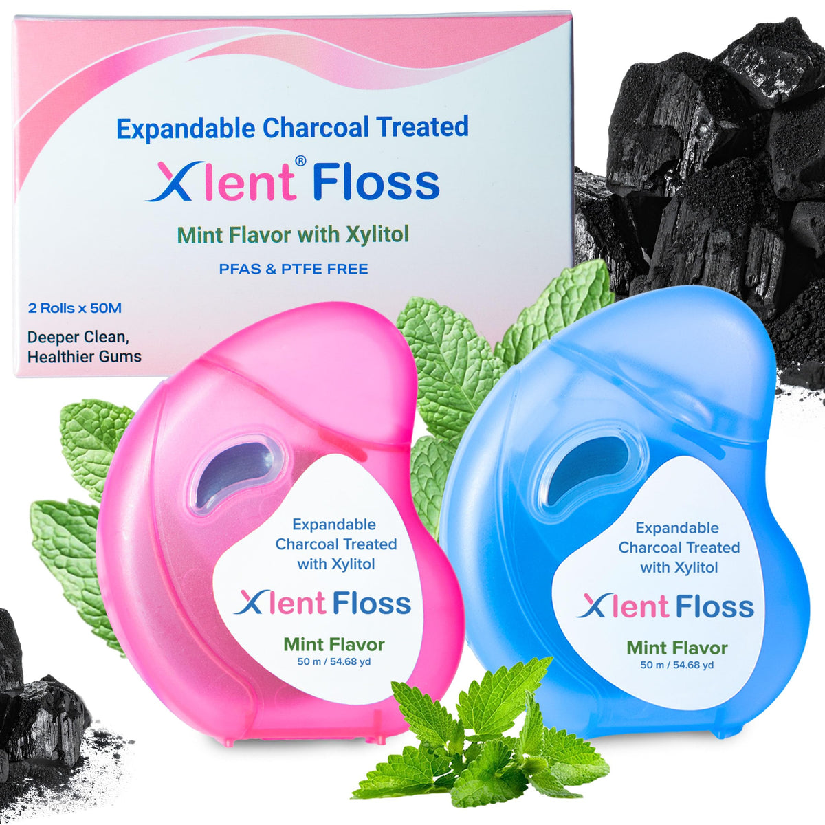 XLENT Expandable Charcoal Dental Floss, Refillable, Mint, 50m, 2-Pack