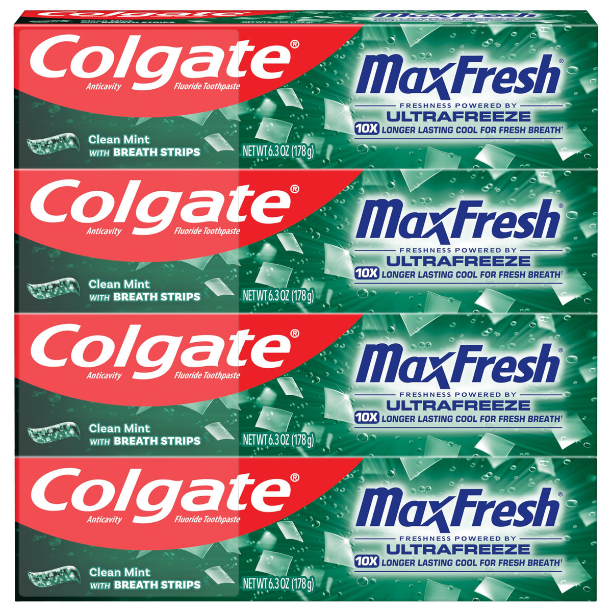 Colgate MaxFresh Fluoride Toothpaste, Clean Mint, 4 Pack, 6.3 oz