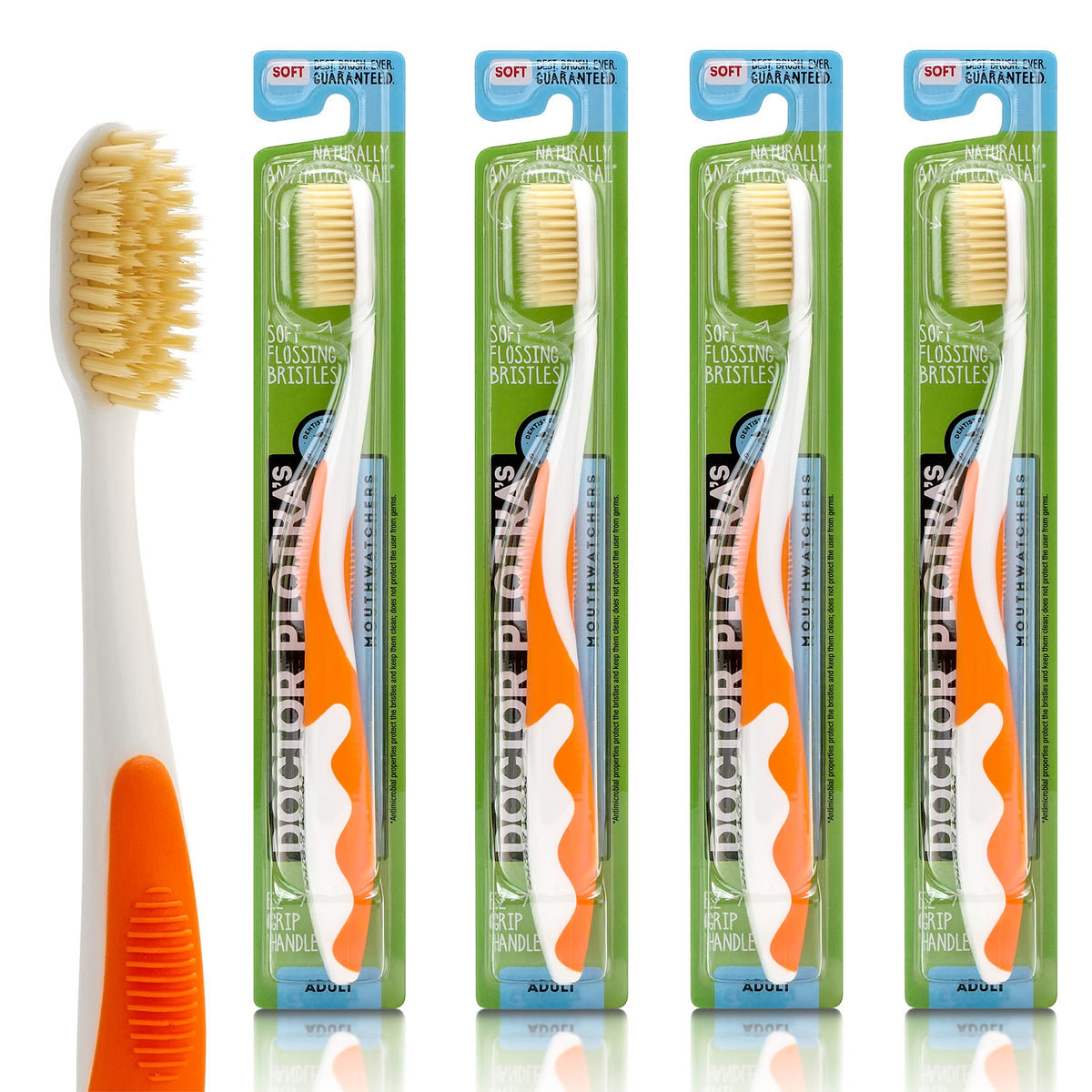 MOUTHWATCHERS Dr Plotkas Soft Bristle Flossing Toothbrush Manual Soft Toothbrush for Adults, Ultra Clean, Good for Sensitive Teeth and Gums, Variety 4 Pack, Colors May Vary