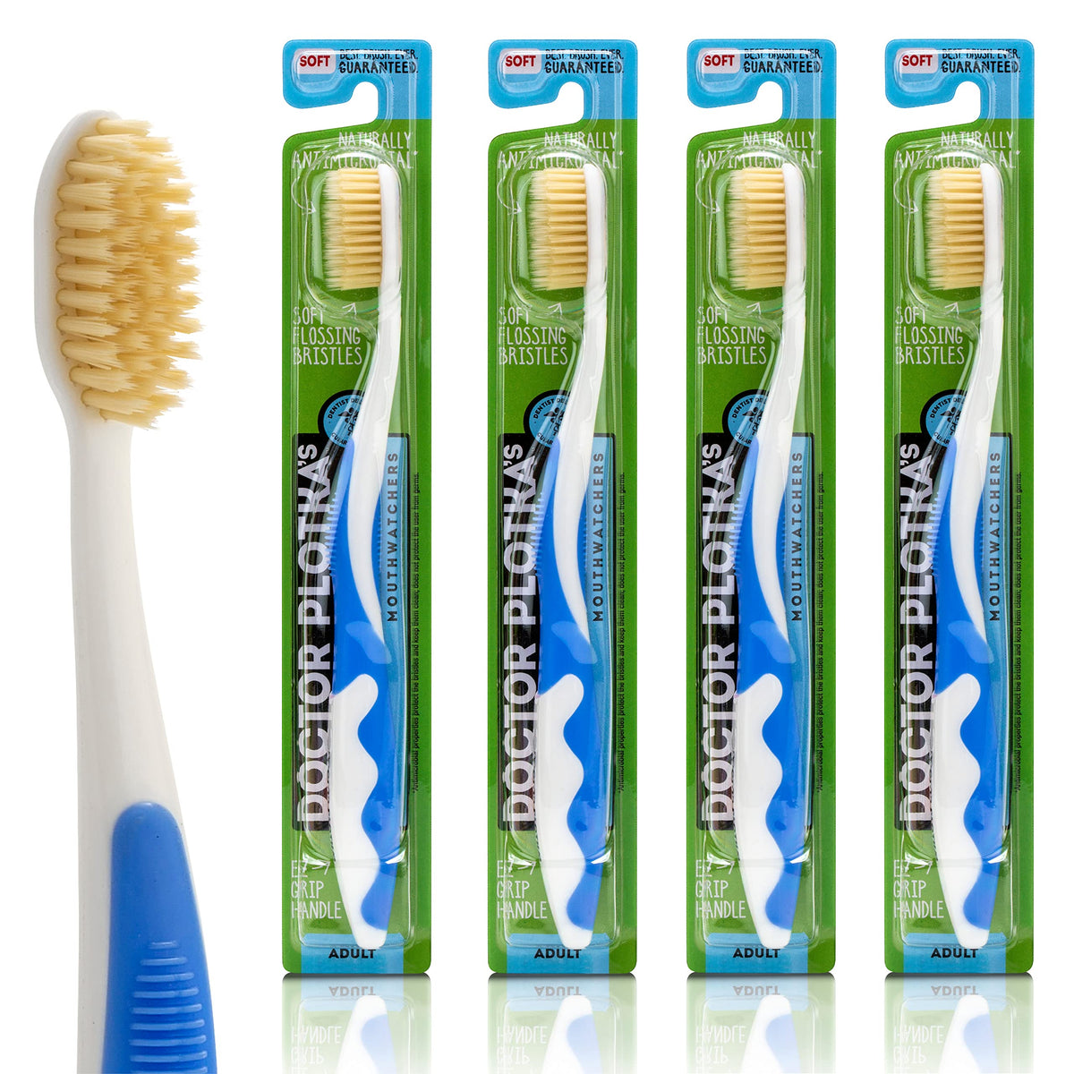 MOUTHWATCHERS Dr Plotkas Soft Bristle Flossing Toothbrush Manual Soft Toothbrush for Adults, Ultra Clean, Good for Sensitive Teeth and Gums, Variety 4 Pack, Colors May Vary