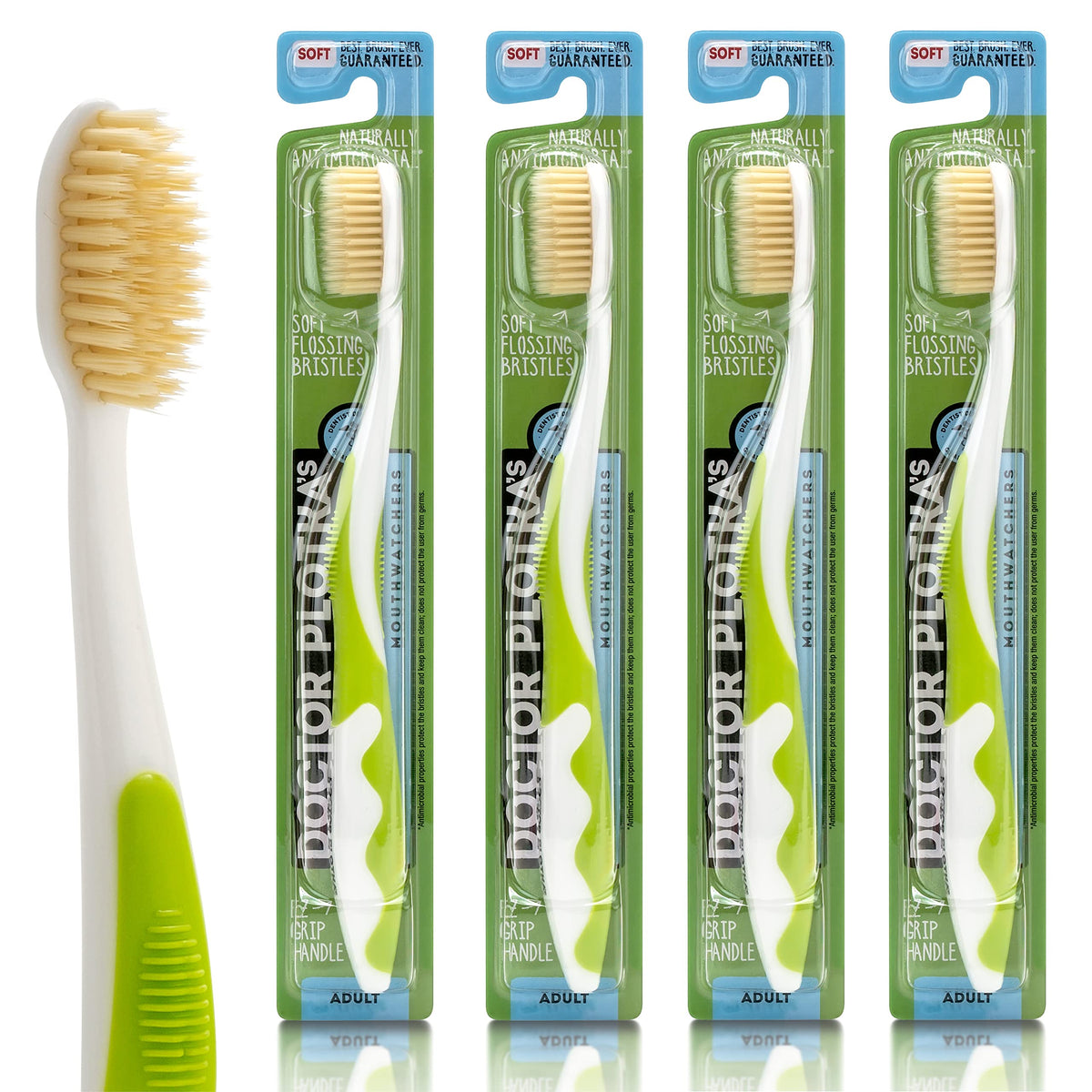 MOUTHWATCHERS Dr Plotkas Soft Bristle Flossing Toothbrush Manual Soft Toothbrush for Adults, Ultra Clean, Good for Sensitive Teeth and Gums, Variety 4 Pack, Colors May Vary