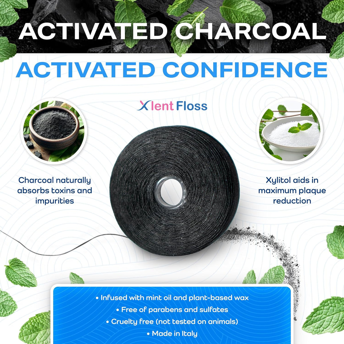 XLENT Expandable Charcoal Dental Floss, Refillable, Mint, 50m, 2-Pack